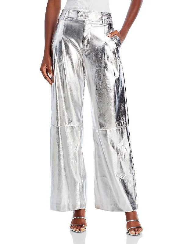 Tinsley Womens Metallic Faux Leather Wide Leg Pants Women Clothes