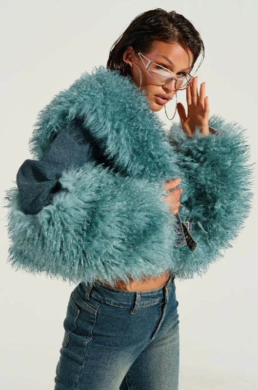 SIT PRETTY FUR TRIM DENIM JACKET Women's Vintage-Inspired Clothing