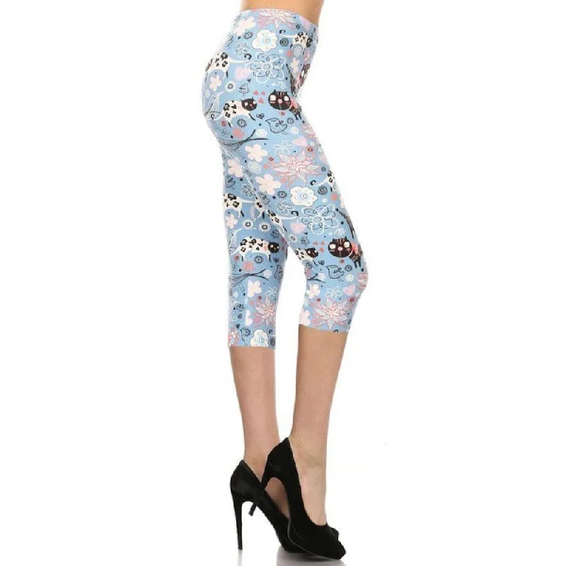 Cats And Flowers Printed, High Waisted Capri Leggings Women's Clothing