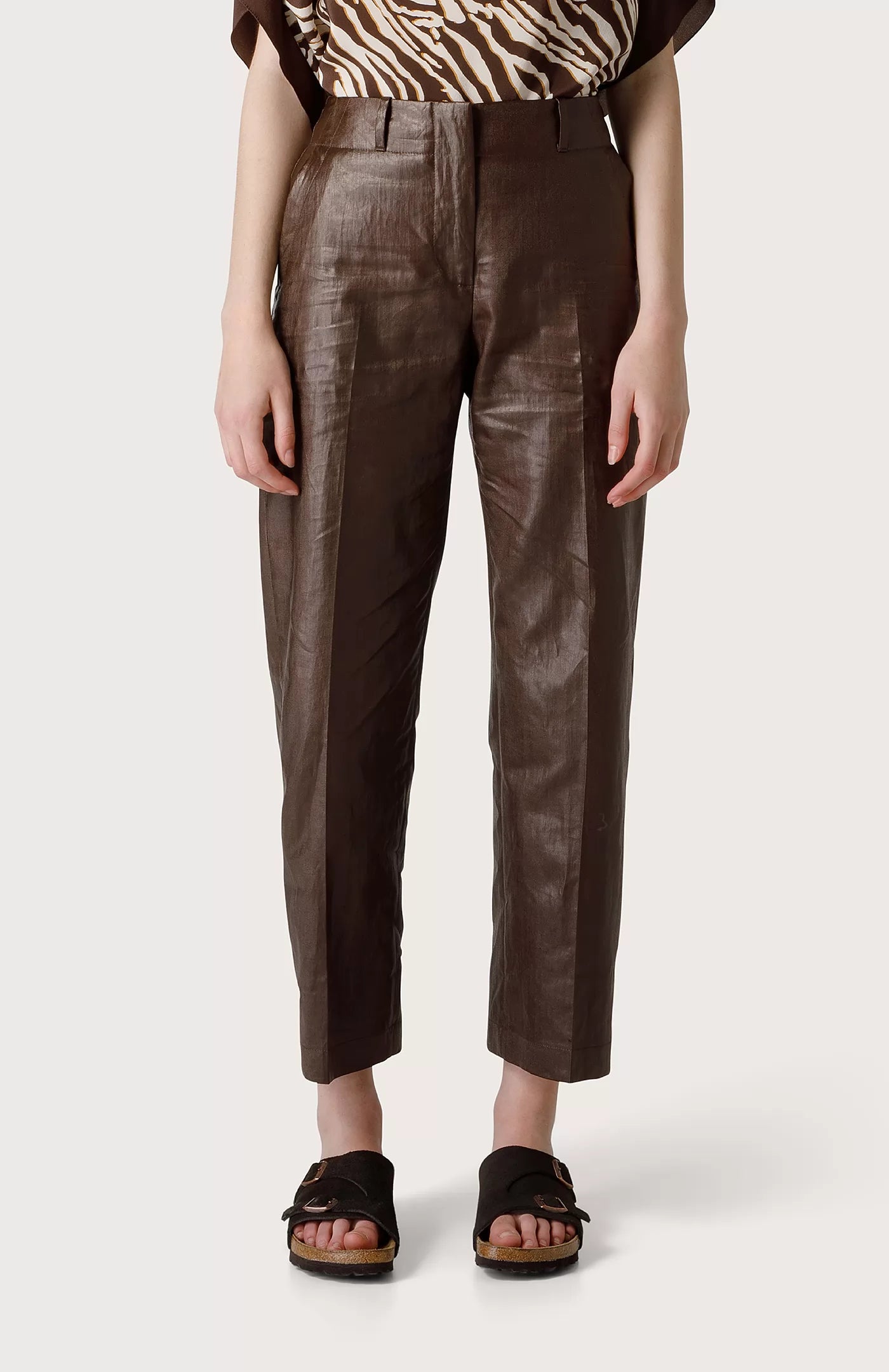 Leather Look Ramie Trousers - Cold Brown Women's Vacation Attire