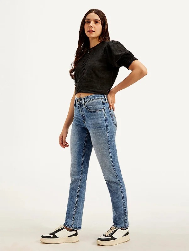 Women's High Rise 724 Slim Straight Fit Blue Jeans Designer Women's Fashion Online