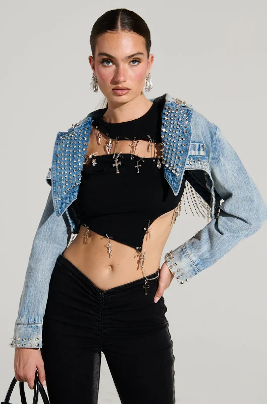 WATERFALL RHINESTONE CROPPED DENIM JACKET Best Online Clothing Boutiques