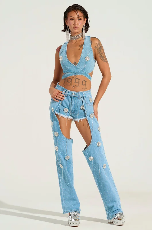 DIVALICIOUS DENIM CHAPS Women's Fashionable Clothing Sets