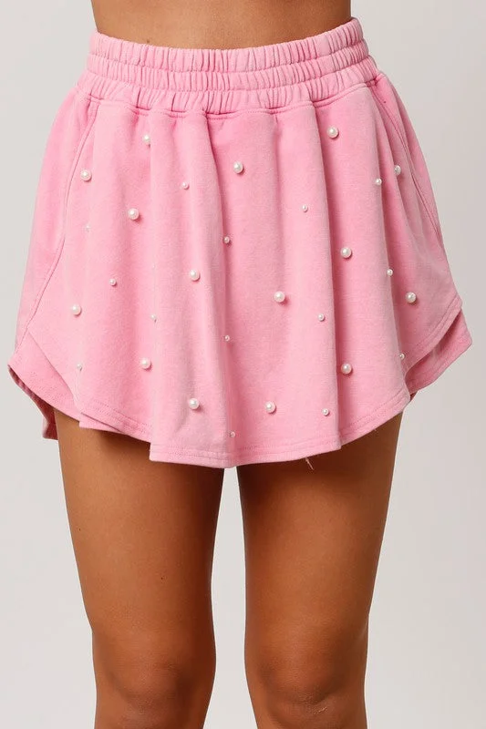 Pearl Dreaming Pink Embellished Skort Women's Clothing Sets