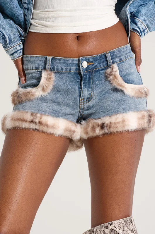 SYMONE DENIM FUR TRIM MINI SHORT Fashionable Casual Tops