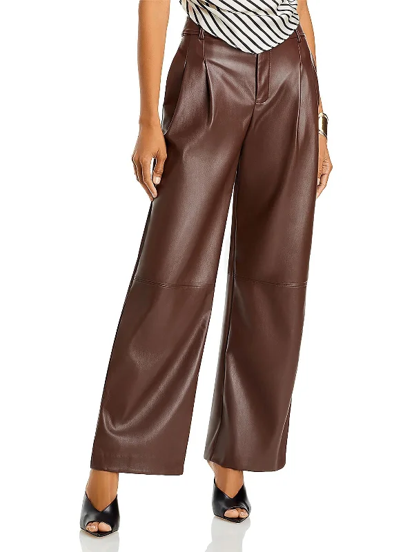 Womens Faux Leather Pleated Wide Leg Pants Women's Fashion Clothing