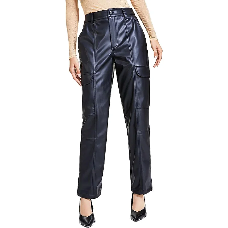 Petites Womens High Rise Faux Leather Cargo Pants Seasonal Women's Fashion Trends