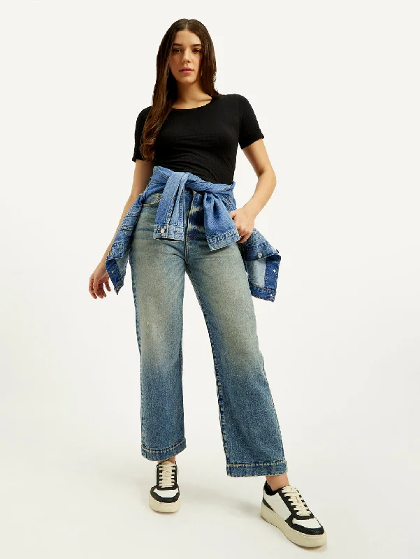 Women's High Rise Straight Fit Blue Jeans Chic Women's Outfit Ideas