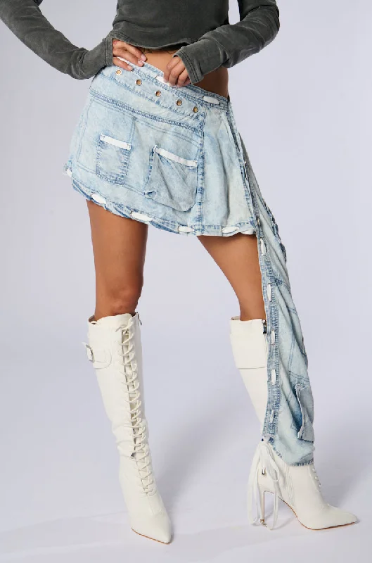 CHAMBRAY DENIM WRAP AROUND MINI SKIRT Luxury Women's Fashion