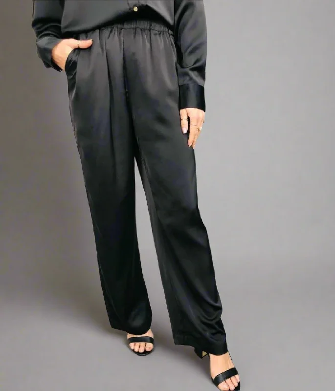 Rena Black Satin Wide Leg Trousers Classic Women's Clothing Styles