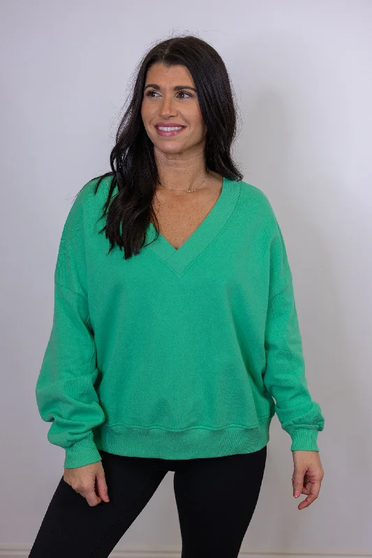 Trending Green V Neck Sweatshirt Stylish Women's Garments For Holidays