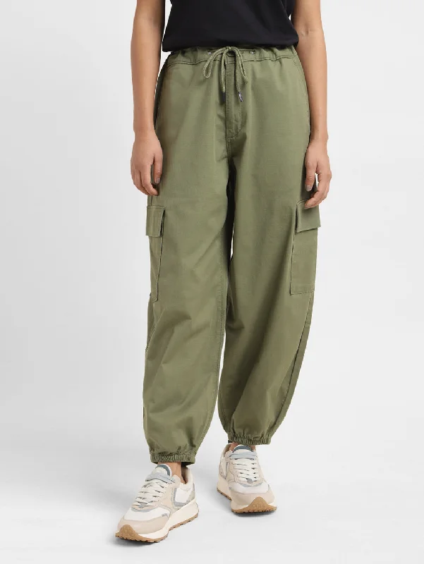 Women's High Rise Green Loose Tapered Fit Trousers Women's Vacation Attire