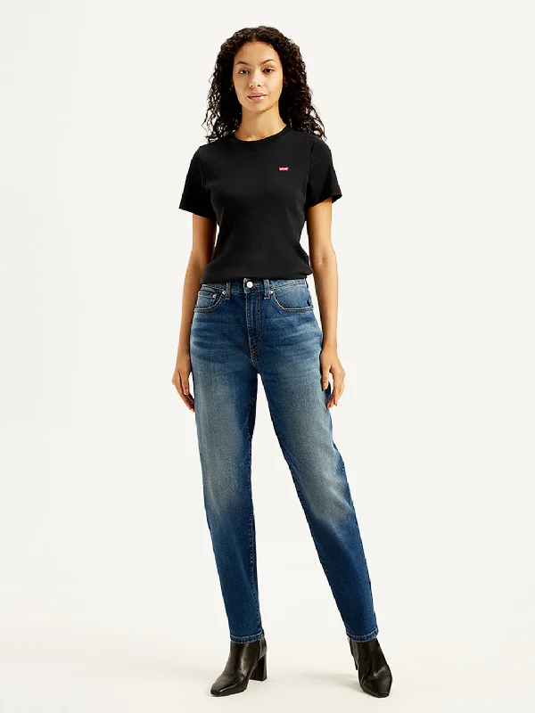 Women's High Rise Straight Fit Blue Jeans Women's High-End Clothing