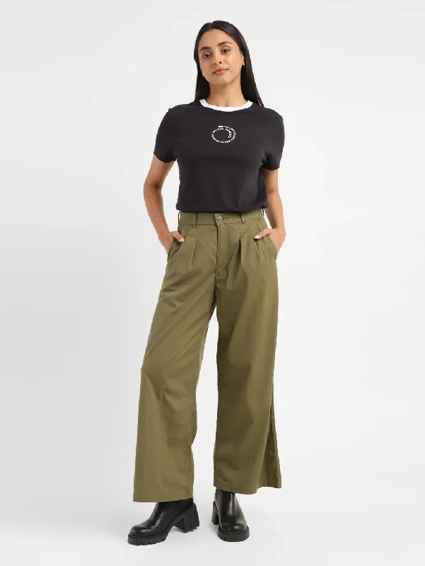 Women's High Rise Olive Loose Fit Trousers Clothes Of Woman