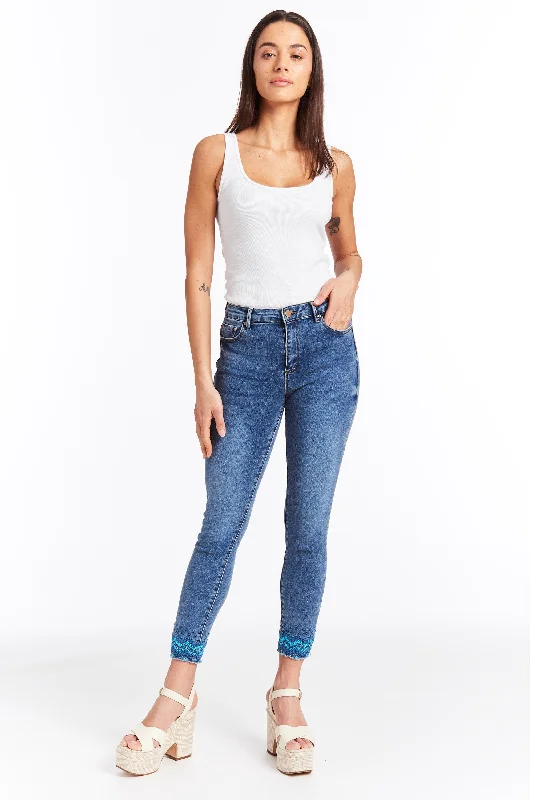 Mona - Embroidered Hem Skinny Crop In Indigo New Arrival Discounts