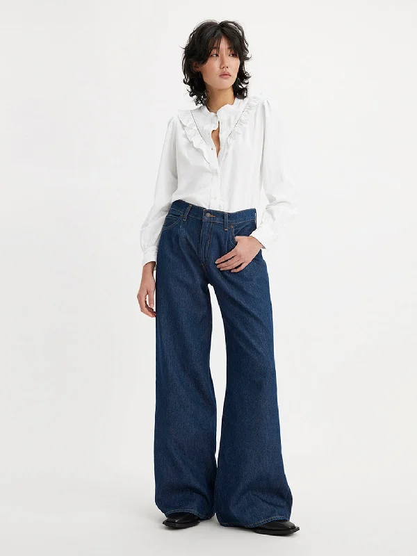 Women's High Rise Baggy Wide Leg Navy Jeans Elegant Women's Clothing