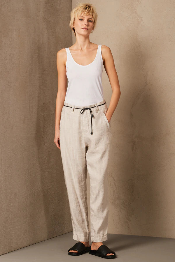 Comfort Fit Striped Linen-Blend Trousers w/ Belt - Sand Women's Athletic Apparel